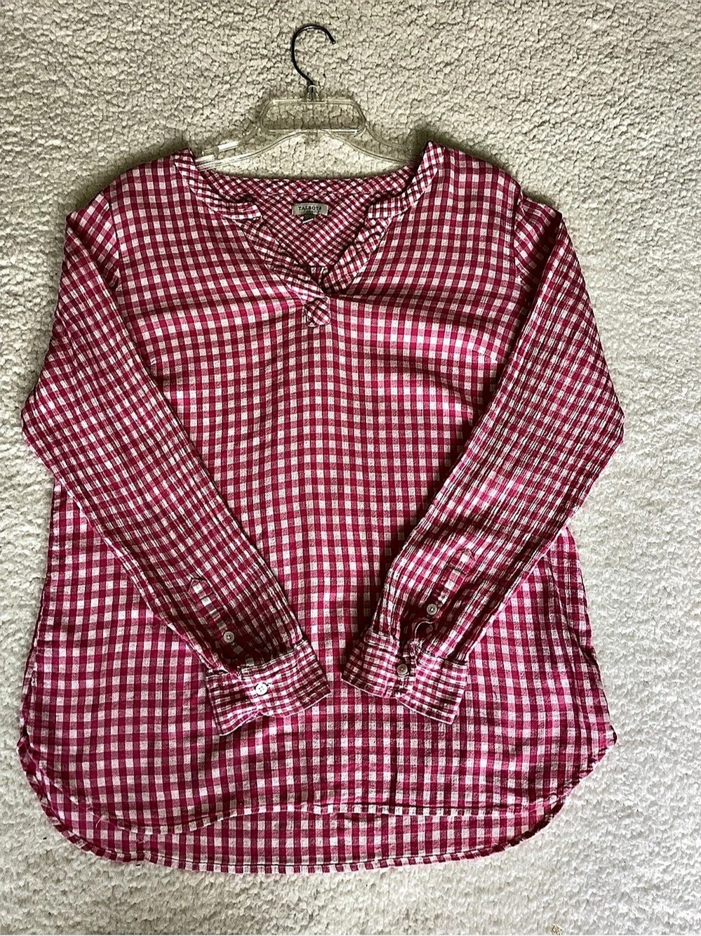 Talbots Large Pink Gingham Cotton Tunic Blouse Coastal Cottagecore Preppy